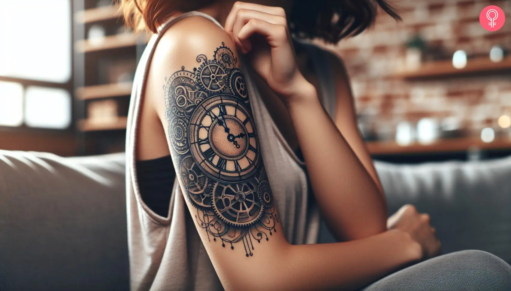 A woman with a time clock tattoo on her upper arm