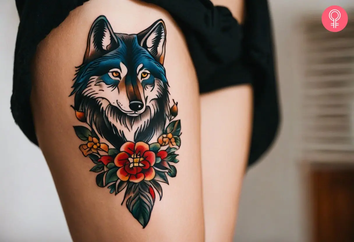 A woman with a traditional lone wolf tattoo on her thigh