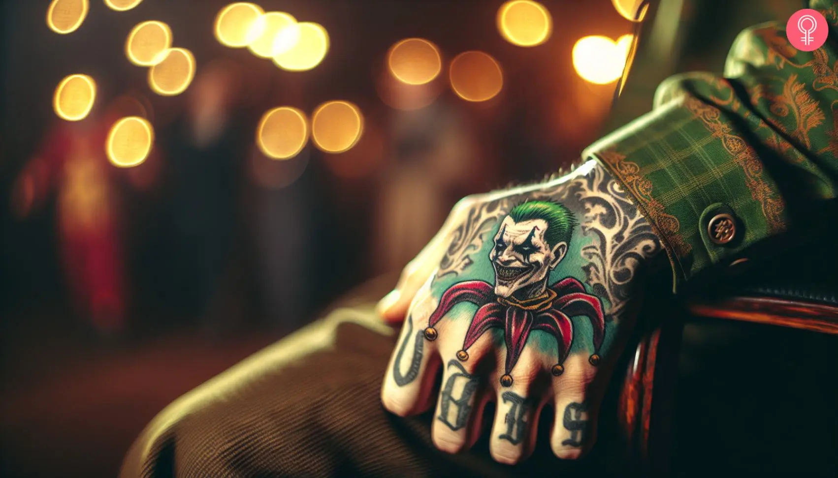 An old-school Joker tattoo in a jester outfit