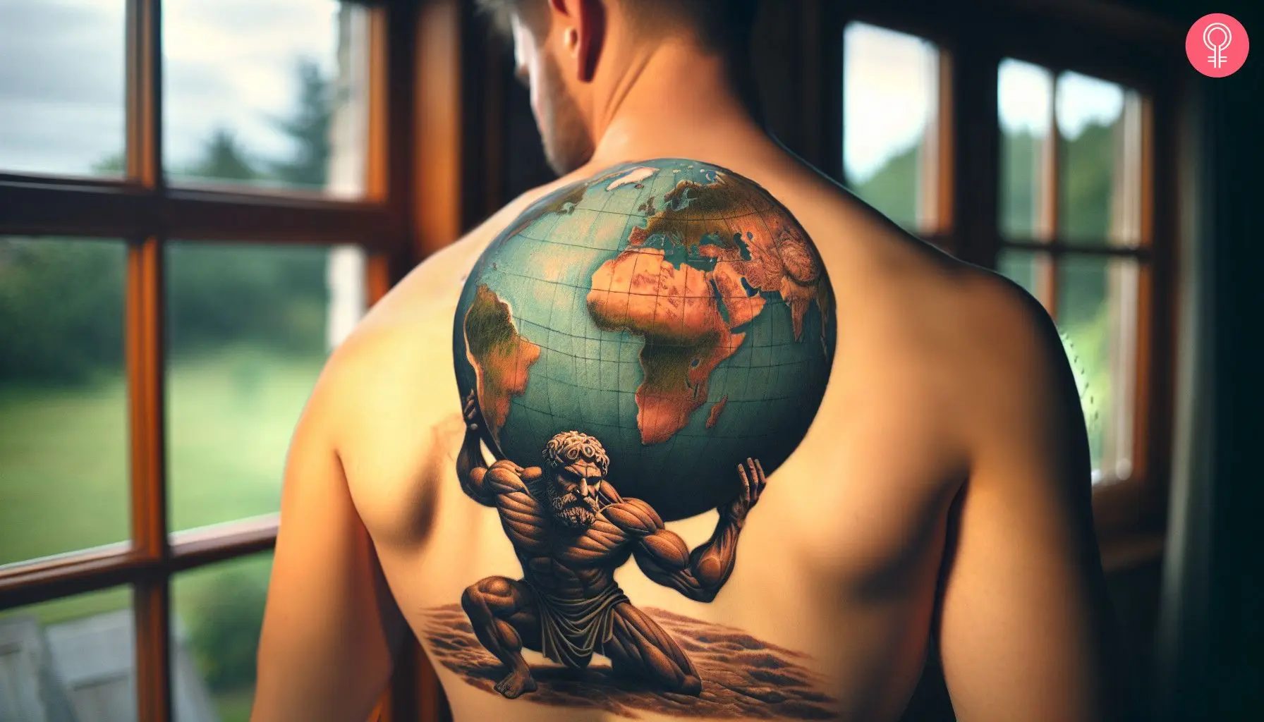 Atlas holding the world tattoo on the back