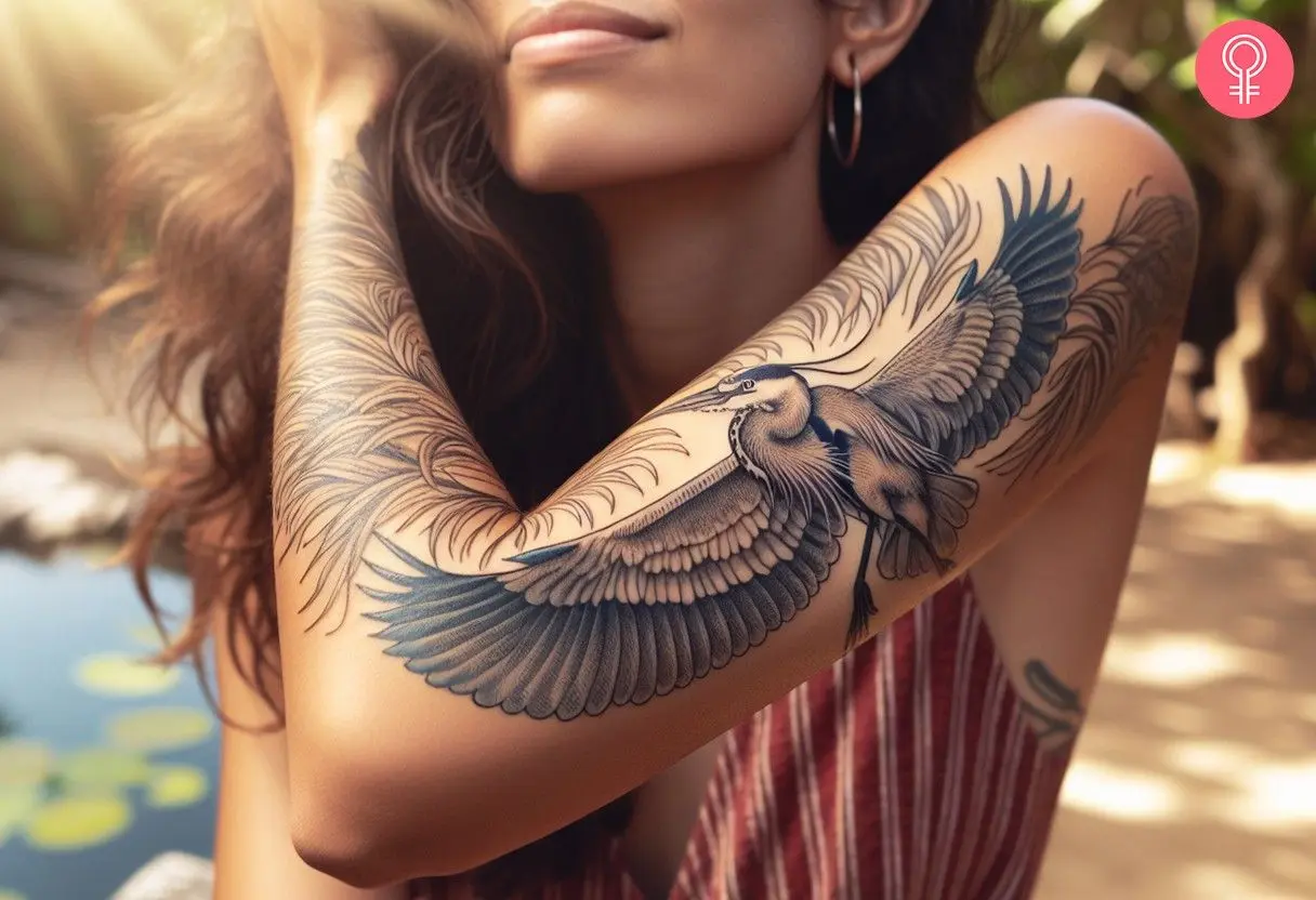 A woman with a detailed black and gray tattoo of a heron in flight