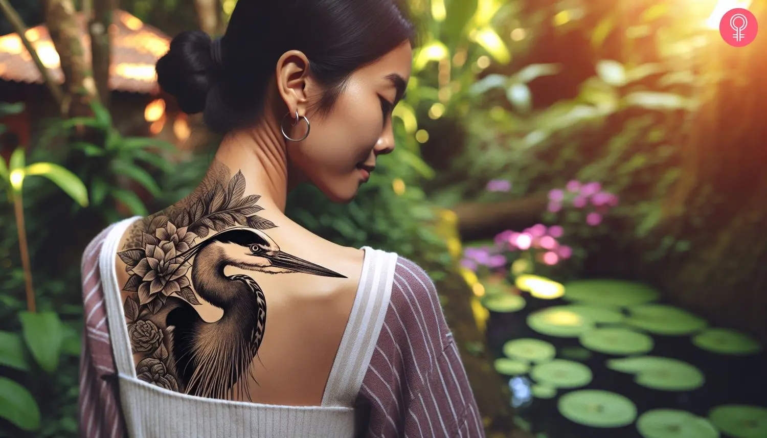 A woman with a large black and white tattoo of a blue heron on the shoulder