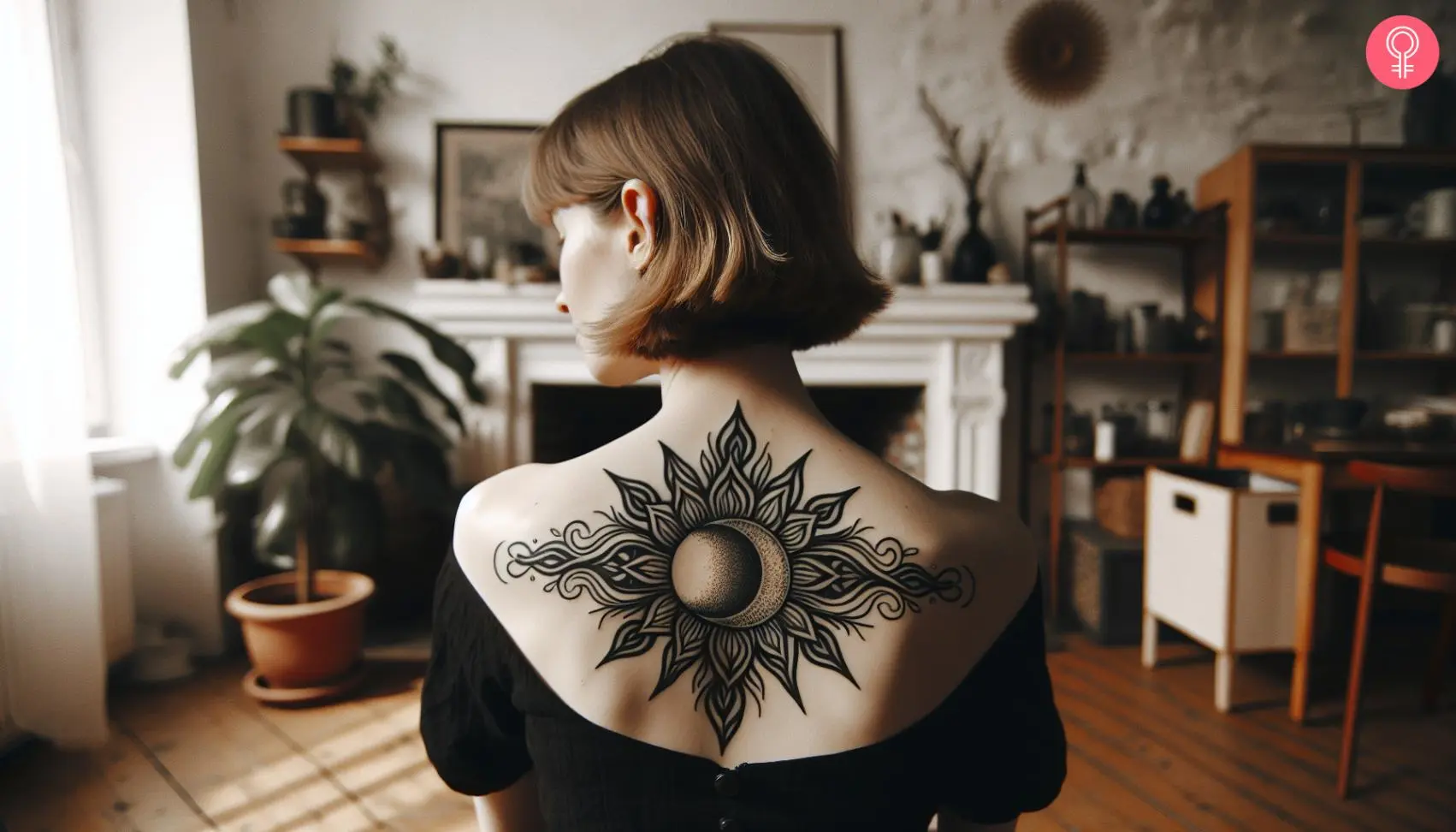 Black sun and moon tattoo on the upper back