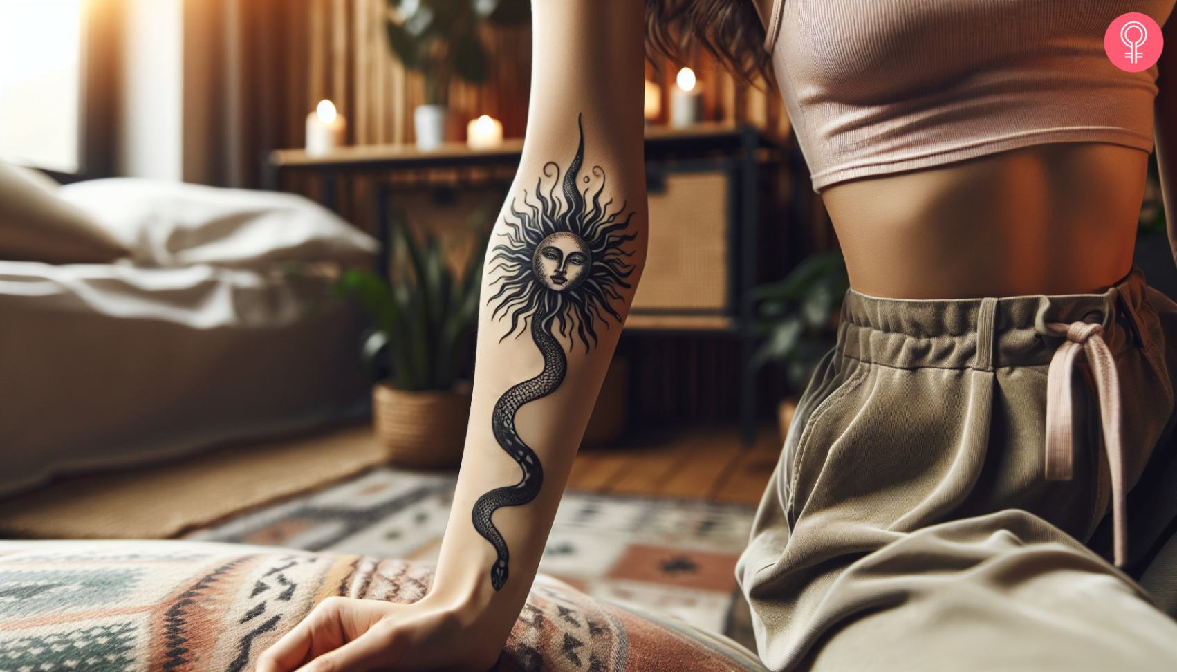 8 Intriguing Black Sun Tattoo Ideas To Explore 6 Black sun tattoo with a snake on the sleeve