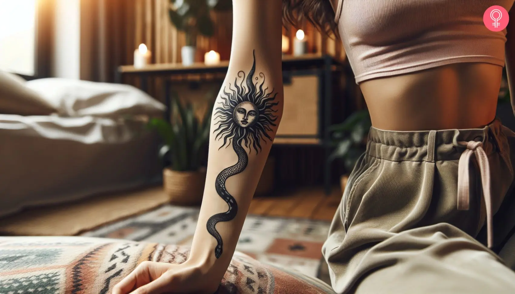 Black sun tattoo with a snake on the sleeve