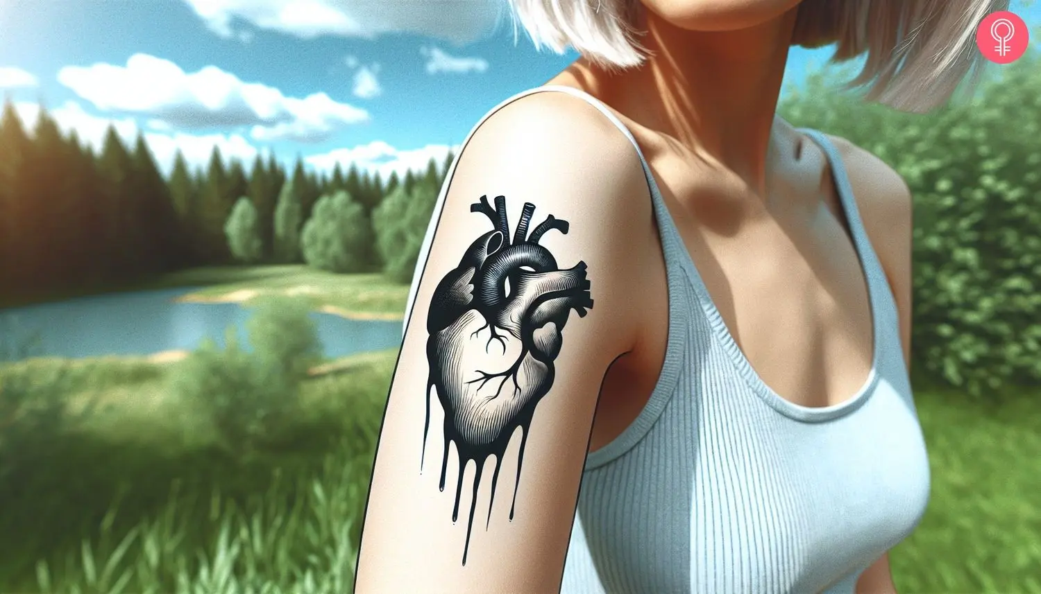 A woman with a black bleeding heart tattoo on the upper arm