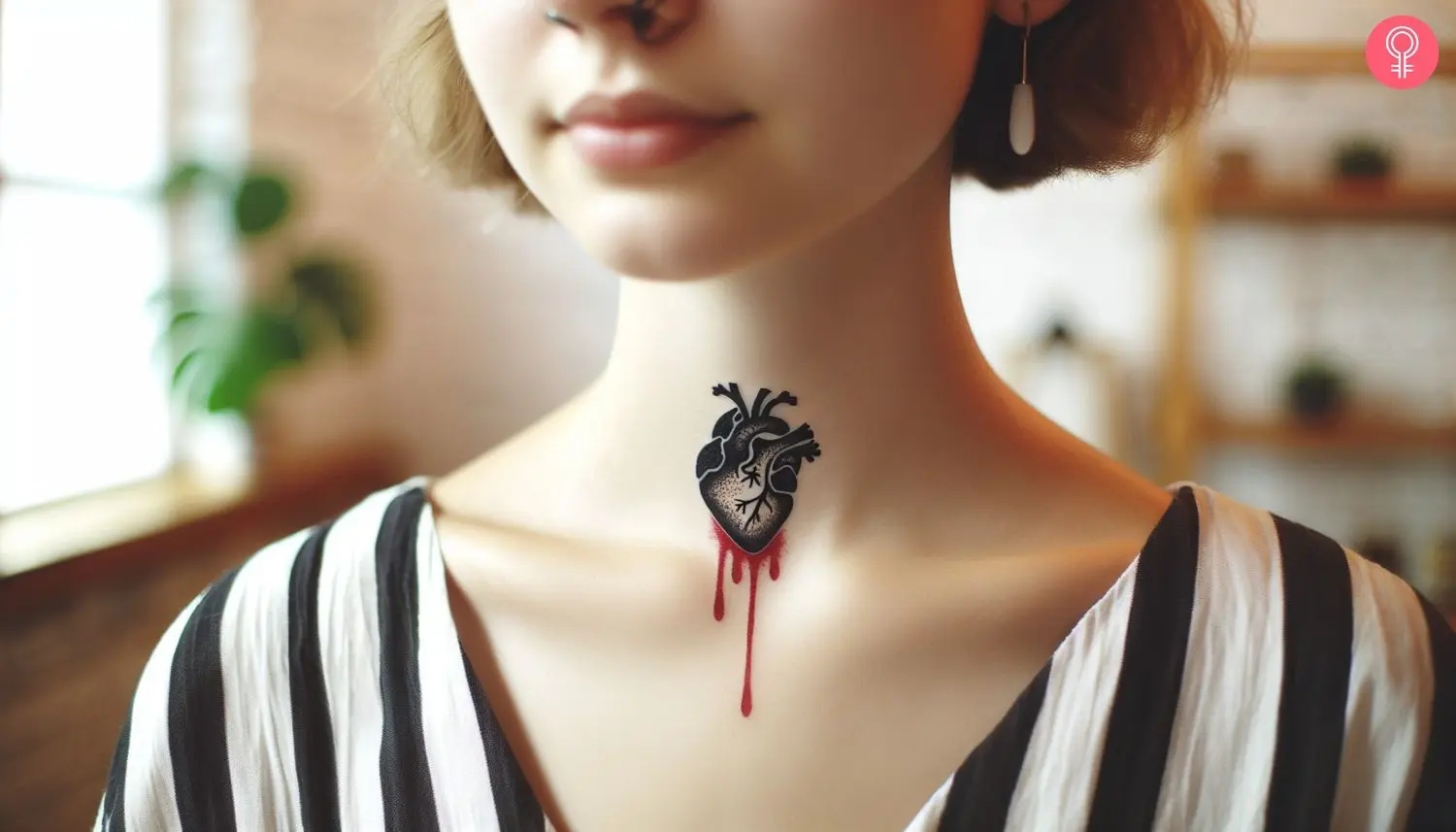 A woman with an anatomically detailed black heart tattoo with red drips