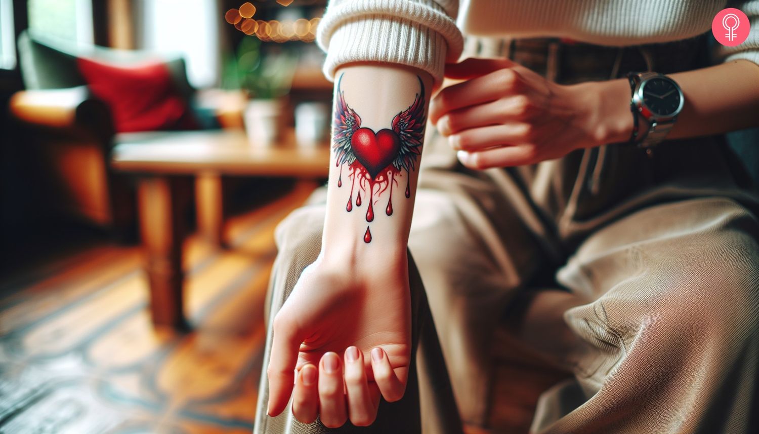 A woman with a red heart with black and red wings on the wrist