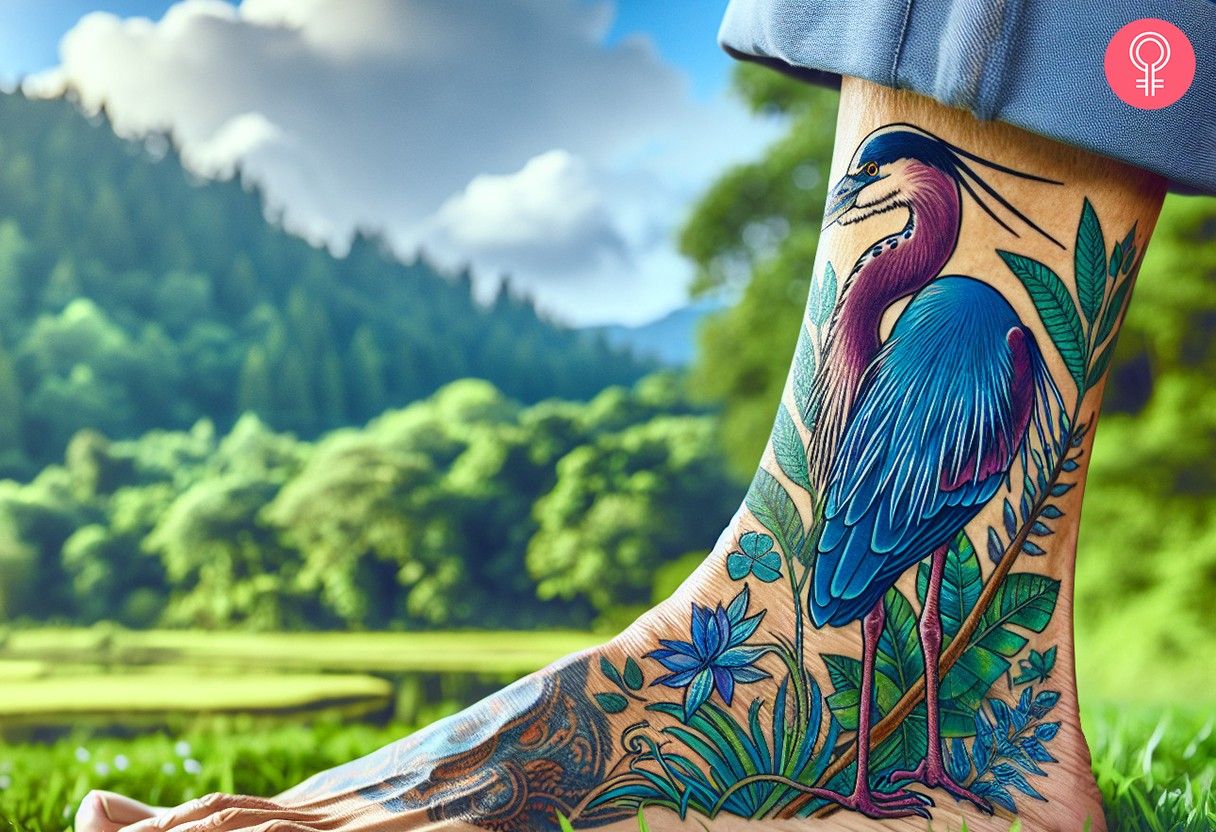 A woman with a vibrant tattoo of a heron with blue and purple feathers