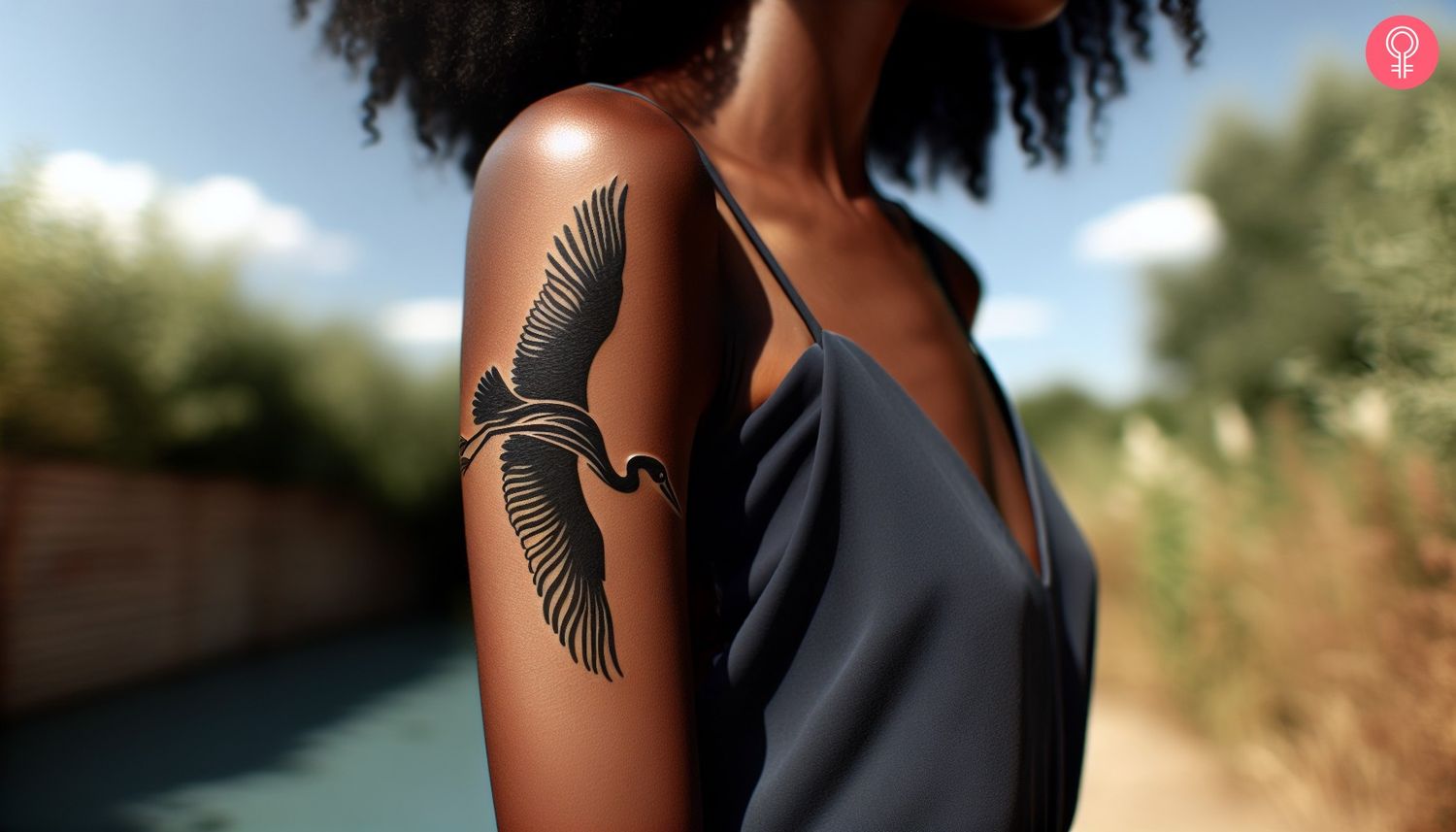 A woman with a solid black ink tattoo of a heron in flight