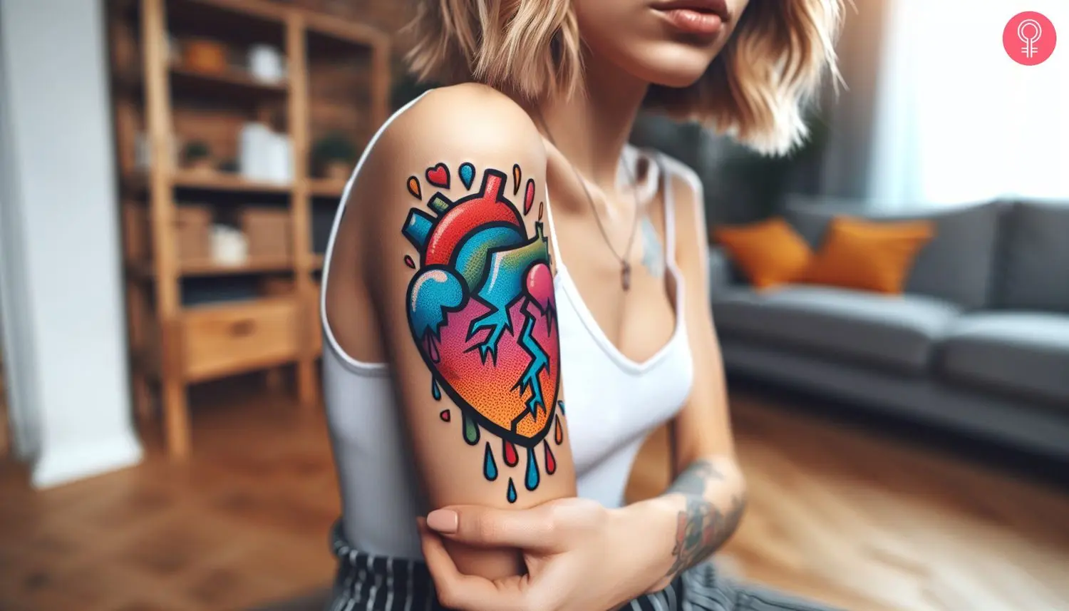 A woman with a vibrant broken heart tattoo