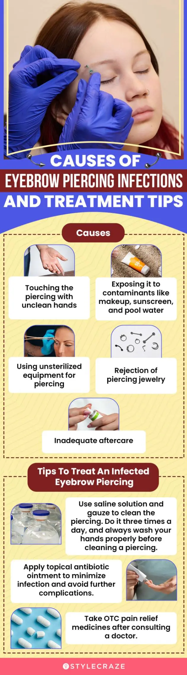 causes of infected eyebrow piercing & treatment tips (infographic)