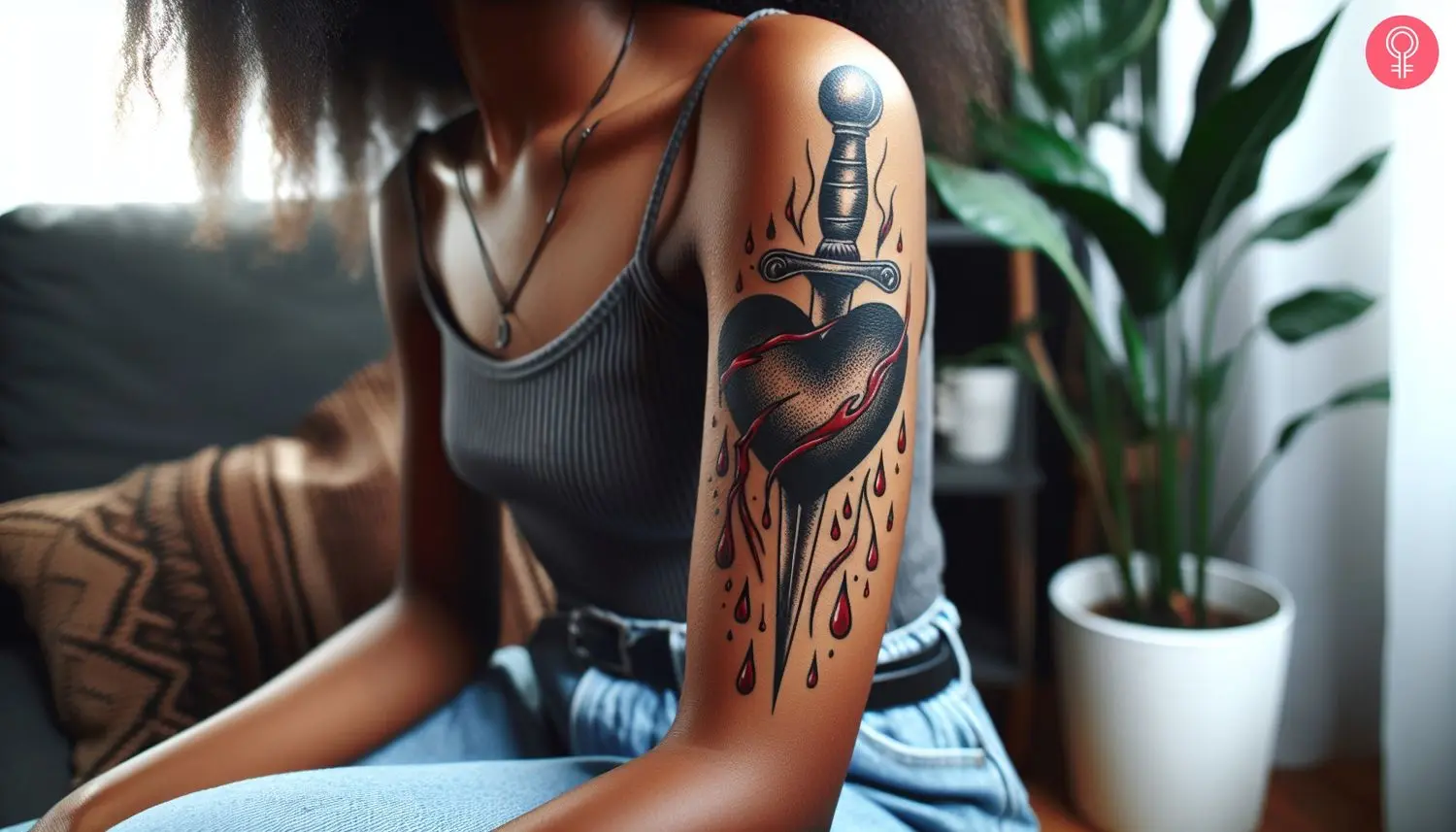 A woman with a traditional black heart tattoo pierced by a dagger