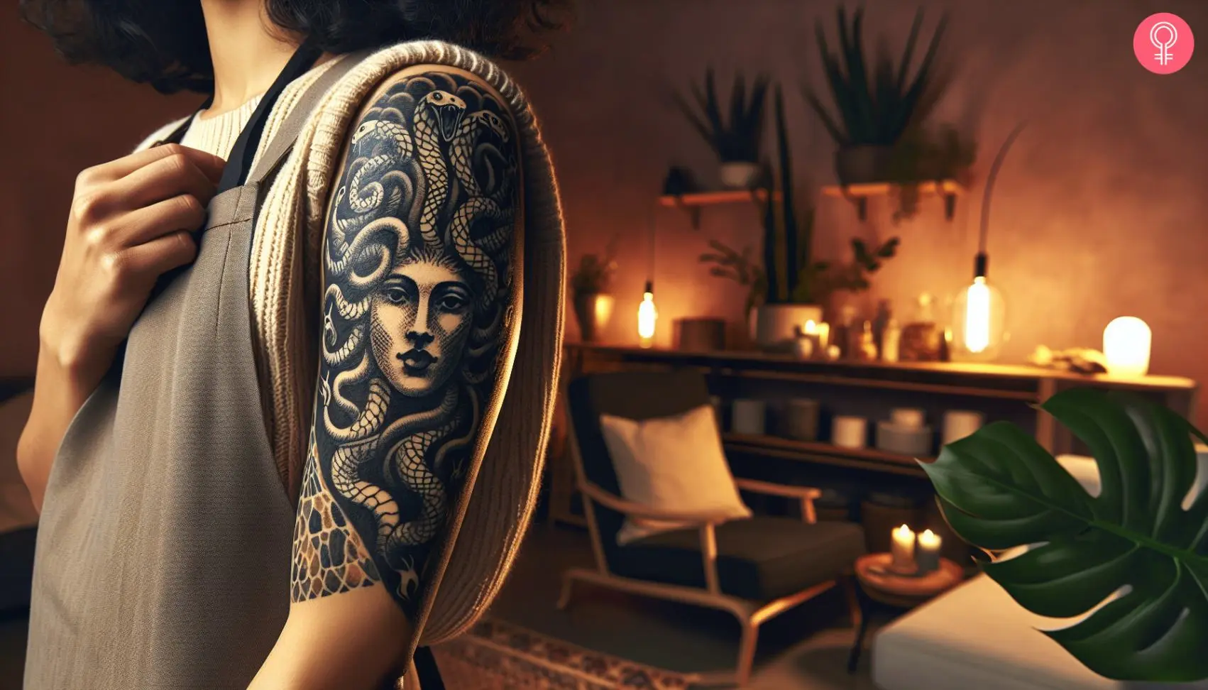 Dark Medusa tattoo on the upper arm of a woman