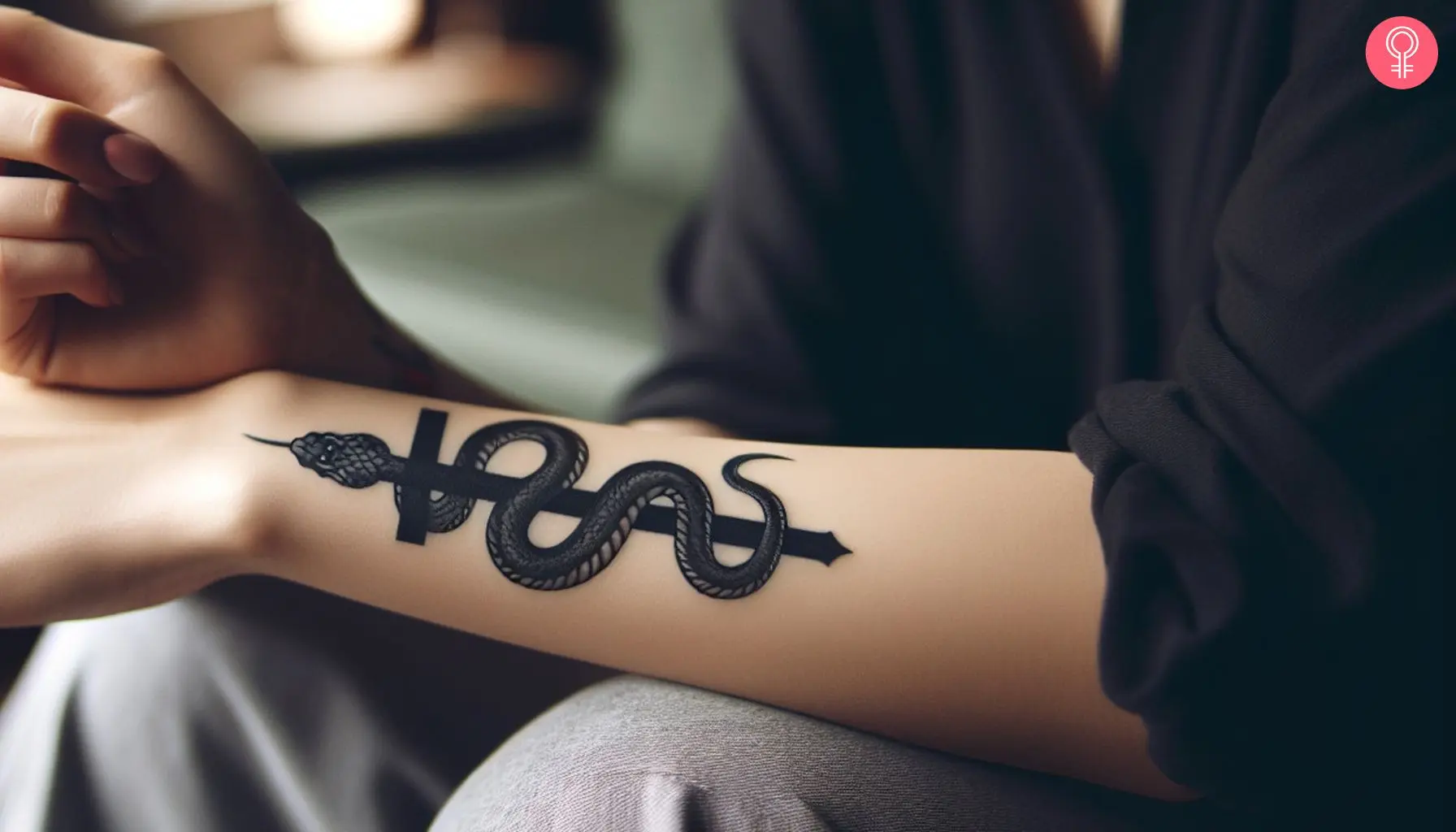 Dark aesthetic snake entwined on a Cross tattoo on the forearm