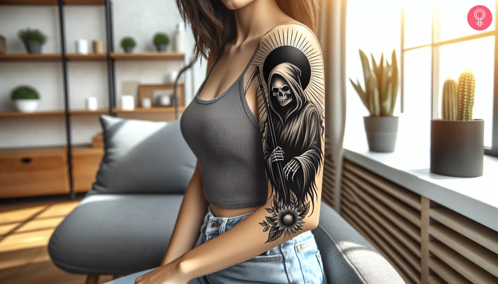 Death black and gray sun tattoo on the upper arm