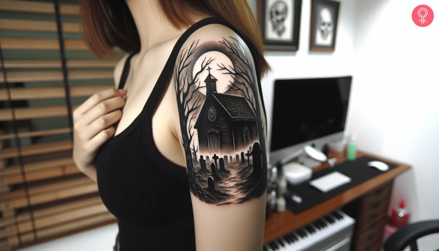 Deep dark gothic church and a graveyard tattoo on the upper arm