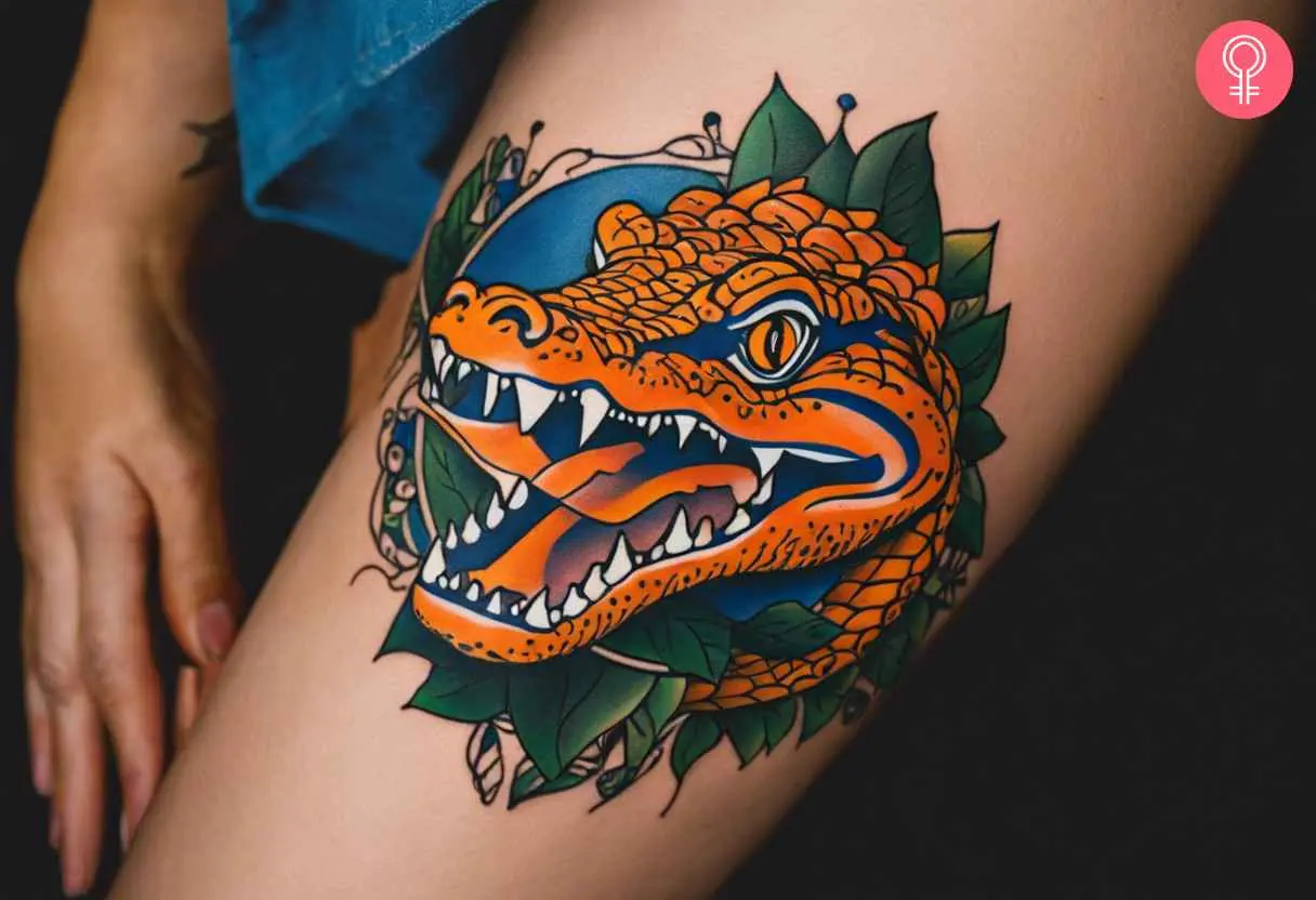 A woman with a Florida Gators tattoo on her thigh