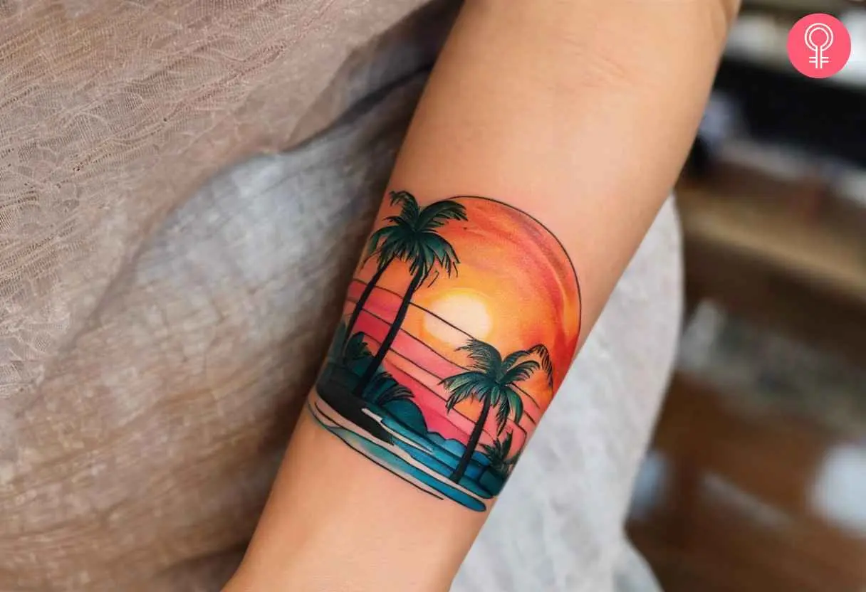 A woman with a Florida palm tree tattoo on her arm