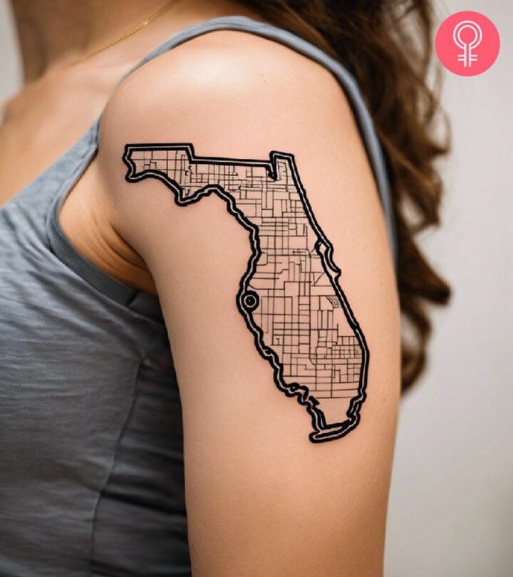 7 Creative Florida Tattoo Ideas For Sunshine State Lovers A woman flaunting a Florida map tattoo on her bicep