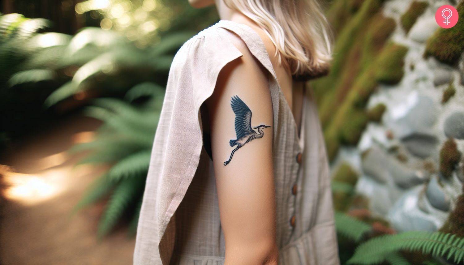 A woman with a monochromatic tattoo of a flying blue heron on the upper arm