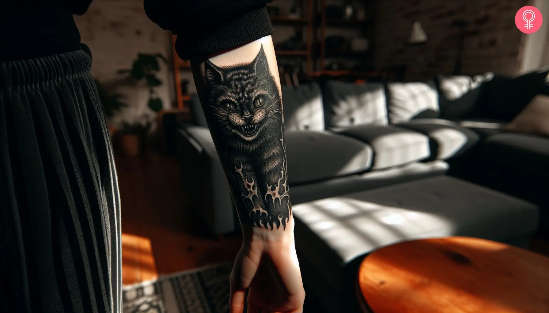 Gothic-style dark cat tattoo on the forearm