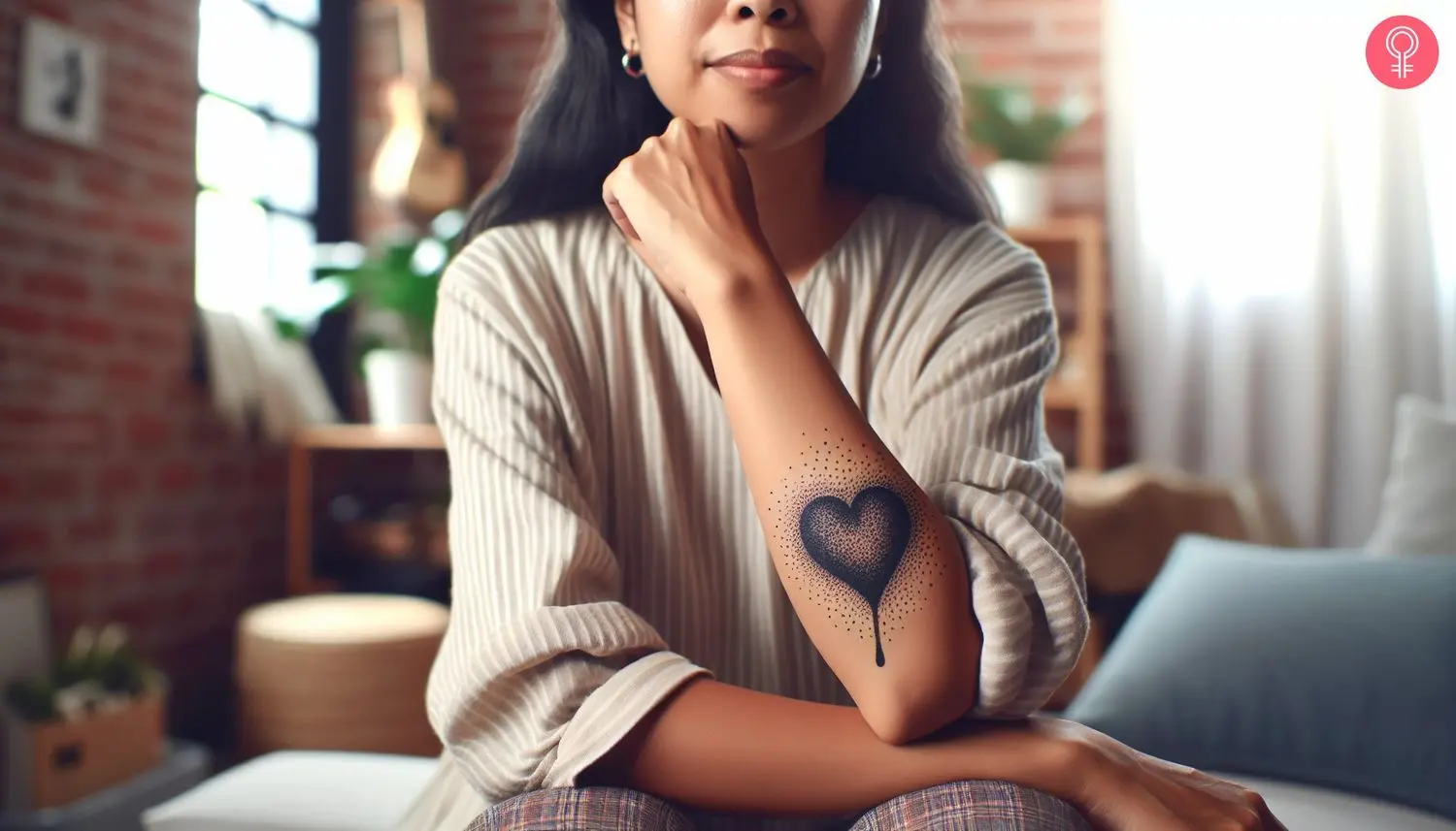 A woman with a bleeding heart tattoo on her forearm