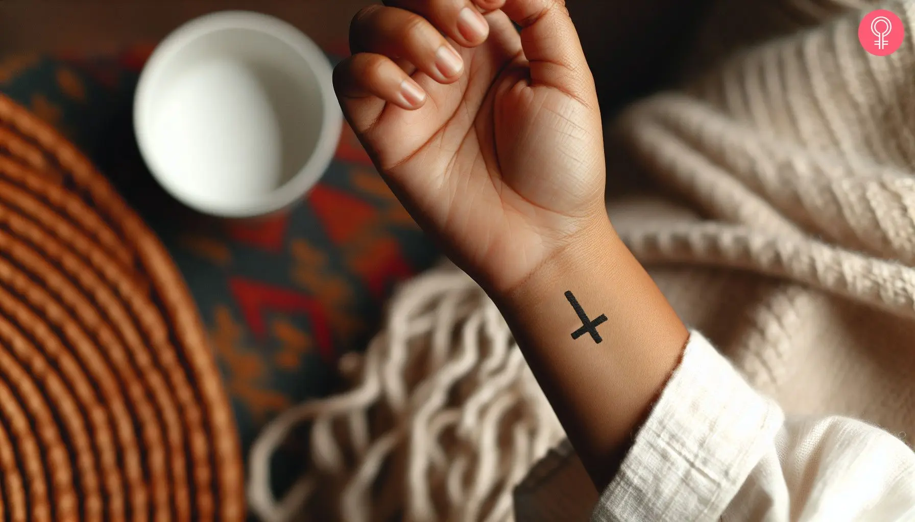 Inverted cross dark tattoo on the wrist