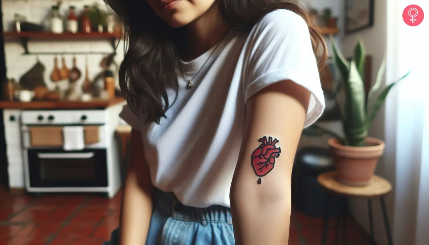 A woman with a small red bleeding heart tattoo with fine black outlines