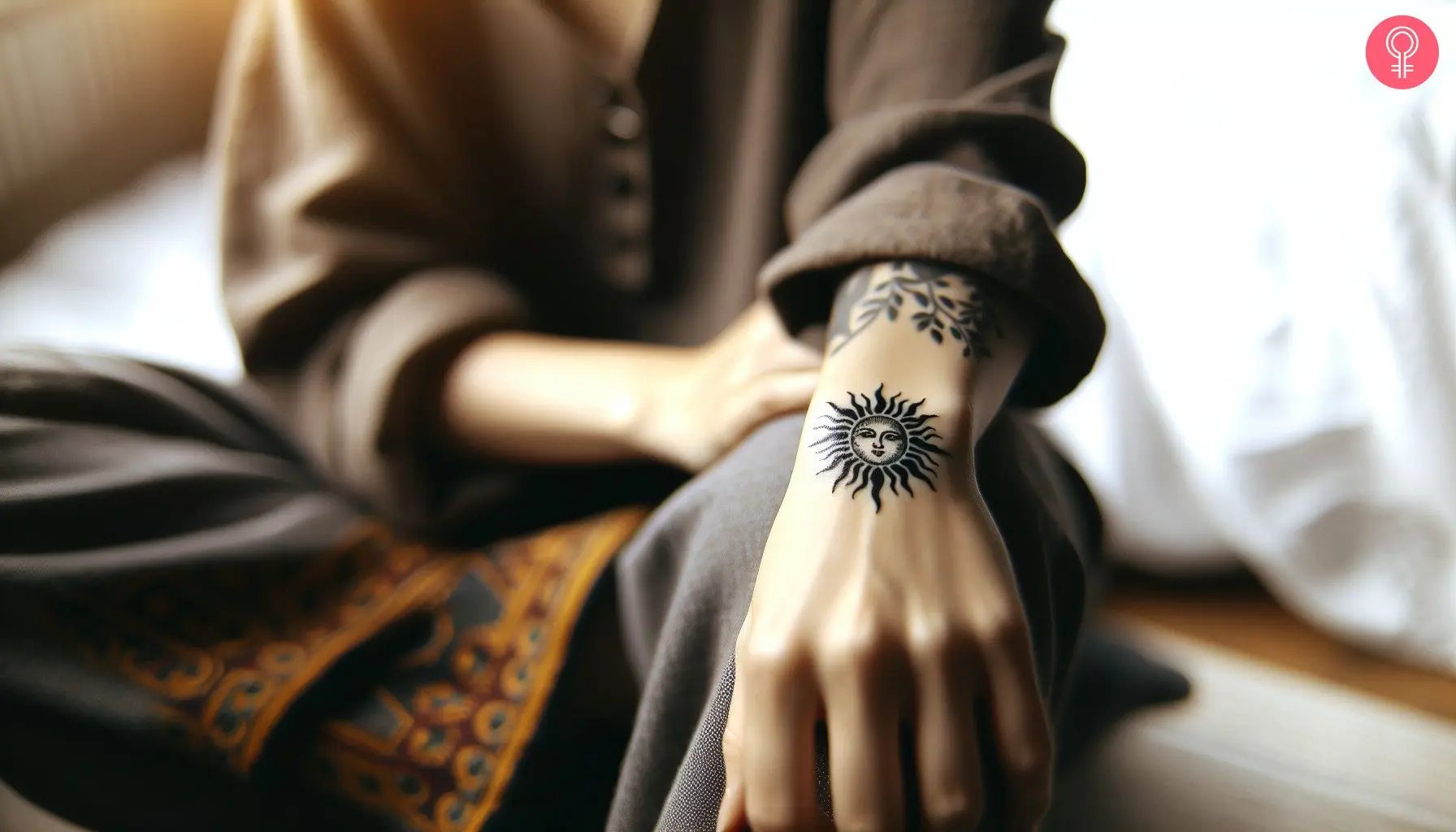 Small black sun tattoo on the wrist