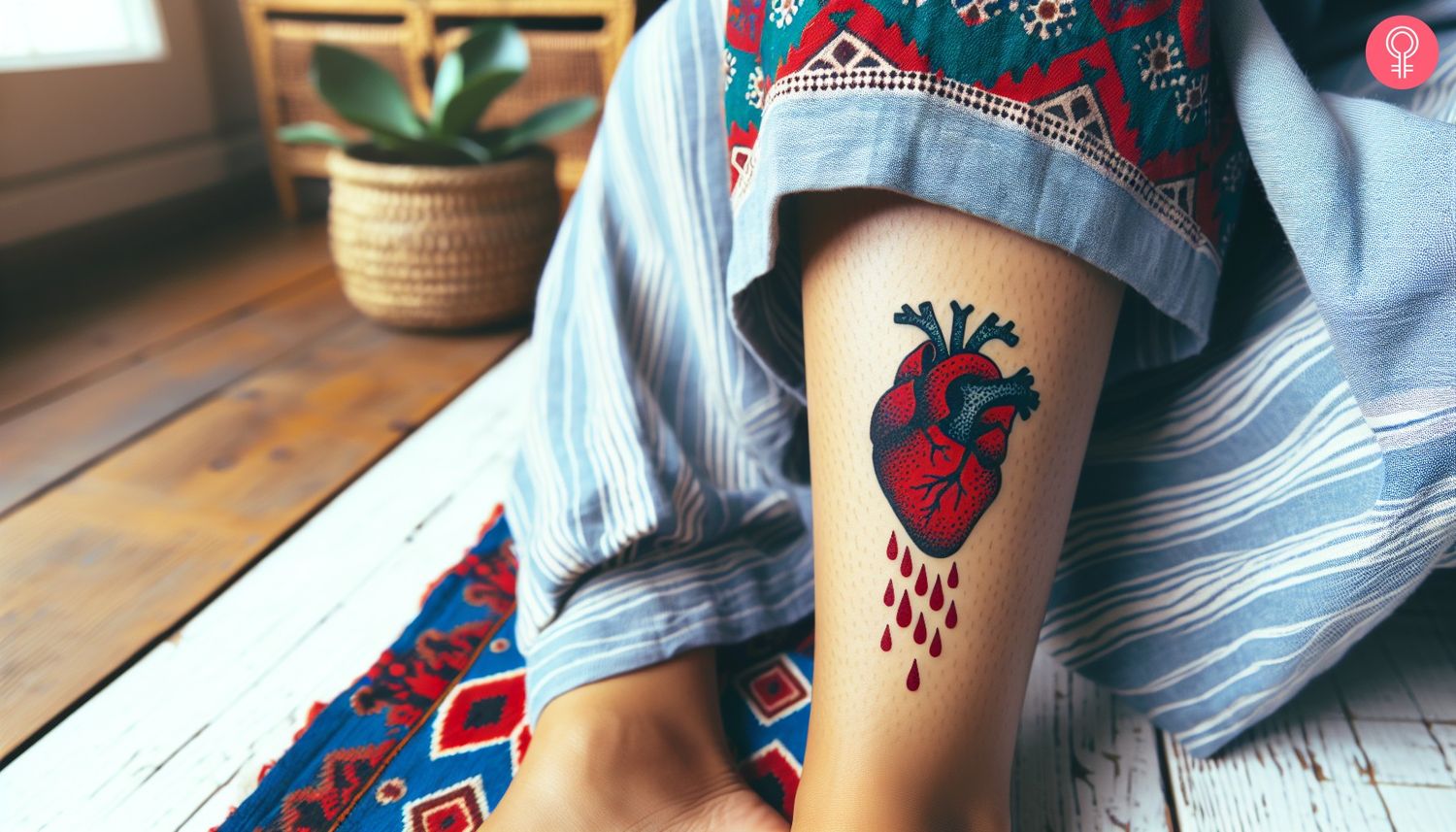 A woman with an anatomically red bleeding heart tattoo above the ankle