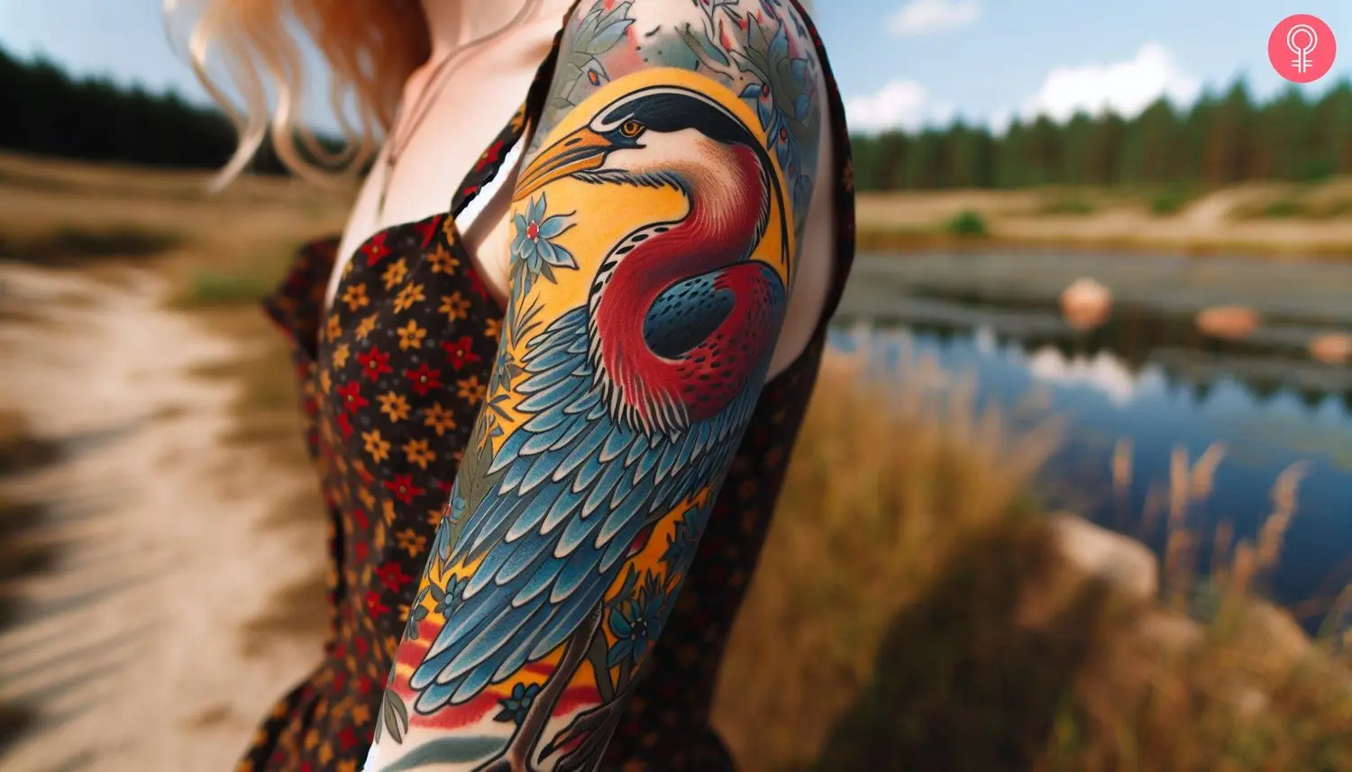 A woman with a vibrant heron tattoo