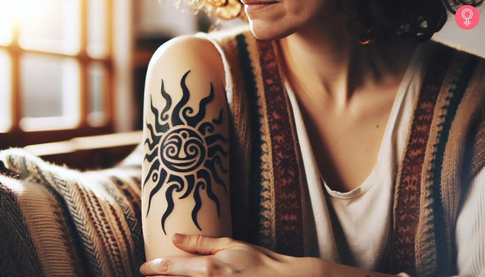 Tribal black sun tattoo on the shoulder