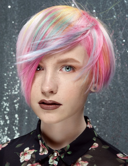 A woman with a sci-fi bob hairstyle