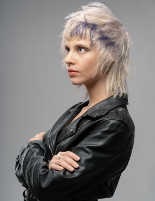 Side view of a wolf cut hairstyle