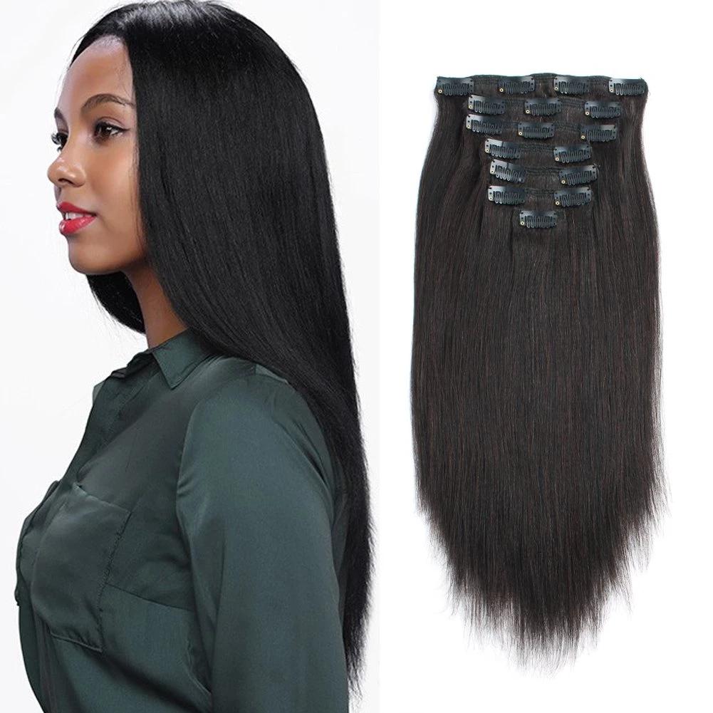 ABH AmazingBeauty Hair Real Remy Thick Yaki Straight Clip Ins Black Hair Extensions