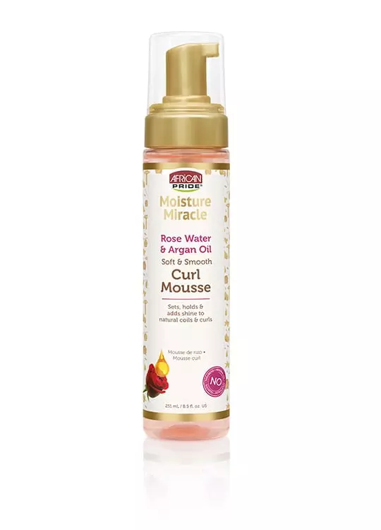 African Pride Moisture Miracle Rose Water & Argan Oil Curl Hair Mousse, Flexible Hold, Enhances Curls, Creates Wave Patterns, No Residue, Deep Moisture, Adds Shine, Strengthens & Protects Hair, 8.5 oz