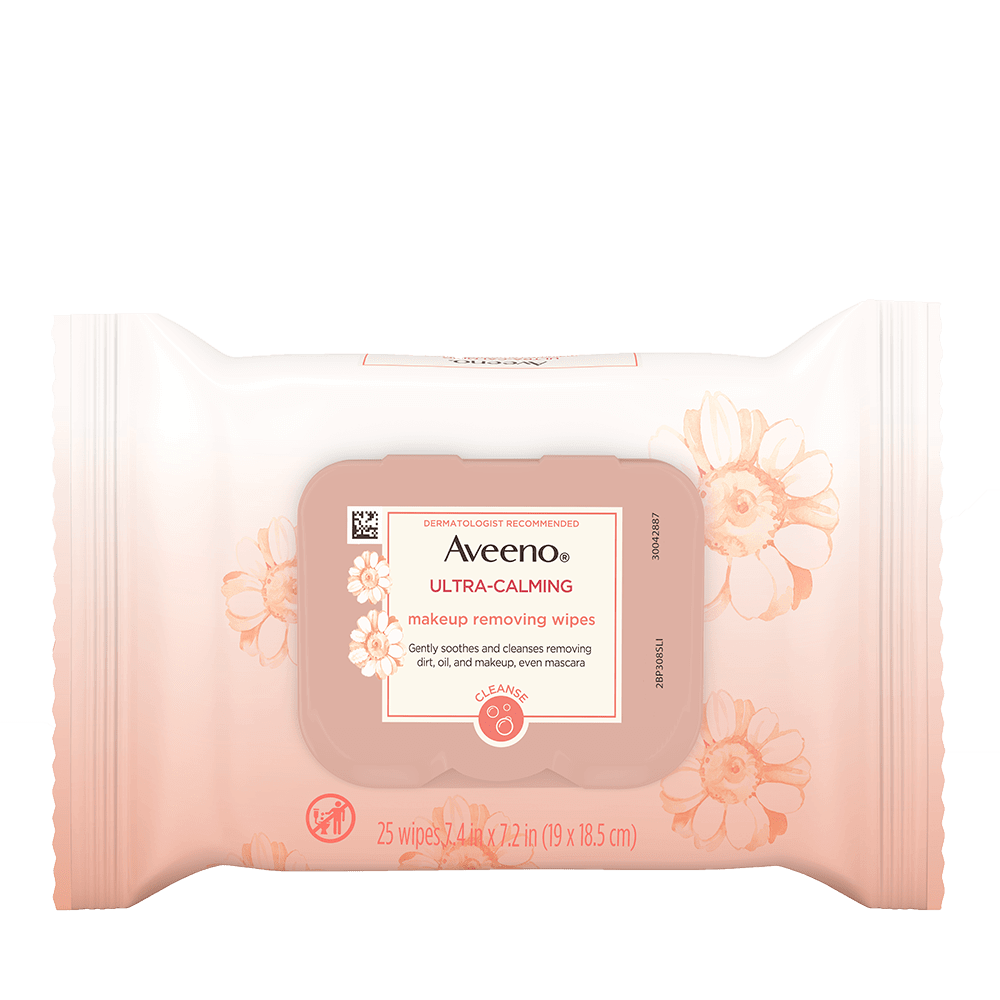 Aveeno Ultra-Calming Makeup Removing Facial Cleansing Wipes with Calming Feverfew Extract, Oil-Free Soothing Face Wipes for Sensitive Skin, Nourishing, Gentle & Non-Comedogenic, 25 ct