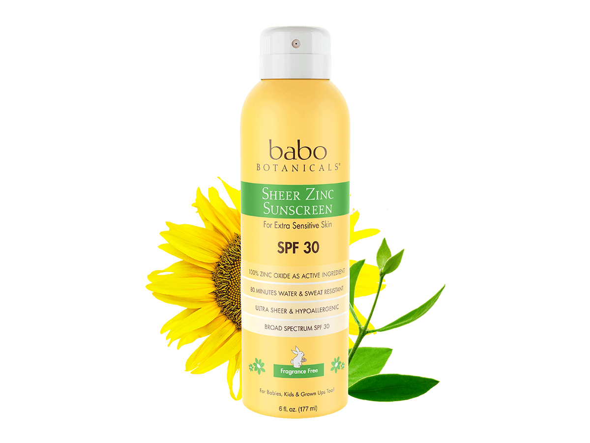 Babo Botanicals Sheer Zinc Continuous Spray Sunscreen SPF 30 with 100% Mineral Active, Non-Nano, Water-Resistant, Reef-Friendly, Fragrance-Free, Vegan, For Babies, Kids or Sensitive Skin - 6 oz.