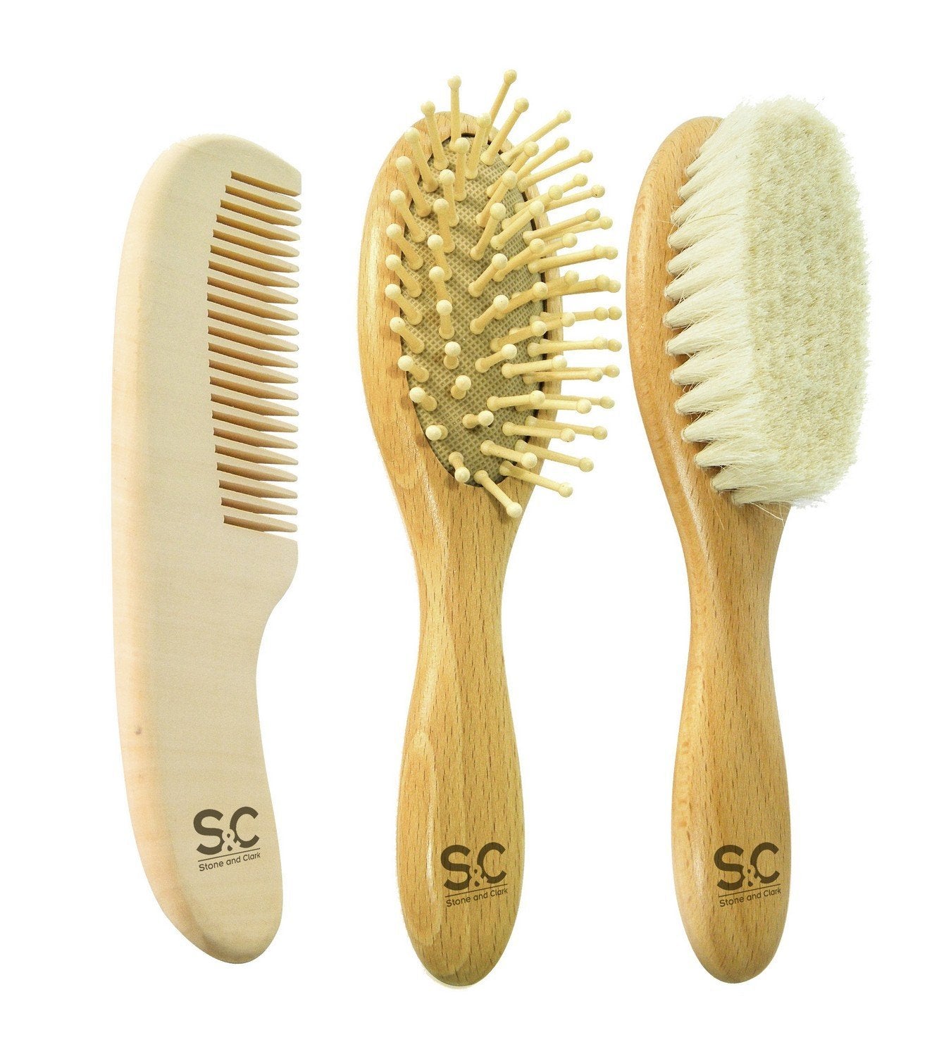 Baby Hair Brush and Baby Comb Set for Newborn, Boy and Girl - Wooden Baby Brush w/Soft Goat Bristles for Cradle Cap - Infant, Toddler Hair Brush, Baby Grooming kit, Soft Hair Brush by Stone & Clark