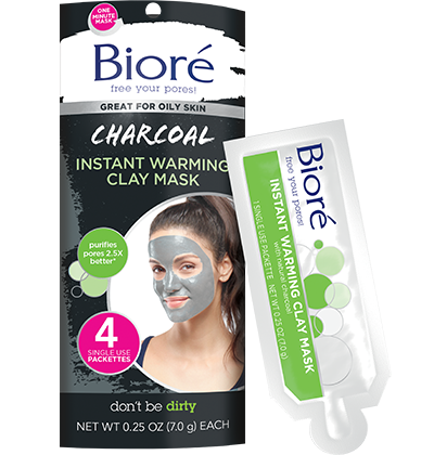 Biore Charcoal Instantly Warming Clay Facial Mask for Oily Skin, with Natural Charcoal, Cleanse Clogged Pores, Dermatologist Tested, Non-Comedogenic, Oil Free,1 Pack (4 Count) INSTANTLY WARM CLAY MASK 4 Count (Pack of 1)