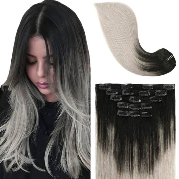 Clip In Hair Extensions Human Hair Ombre Hair Natural Black Fading to Silver Gray Brazilian Hair