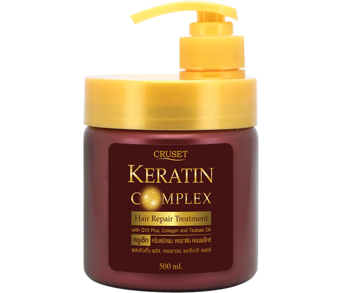 Cruset Keratin Complex Hair Repair Treatment Mask 500 ml. Mixed Q10+, Collagen & Tsubaki Oil Restores Dry Damaged, Split End Hair to Truly Silky Smooth Healthy Hair, Prove Result in 1 min