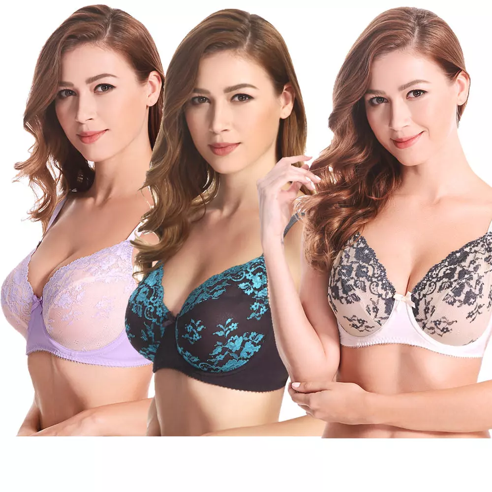 Curve Muse 3 Pack Plus Size Unlined Semi-Sheer Balconette Underwire Lace Bra
