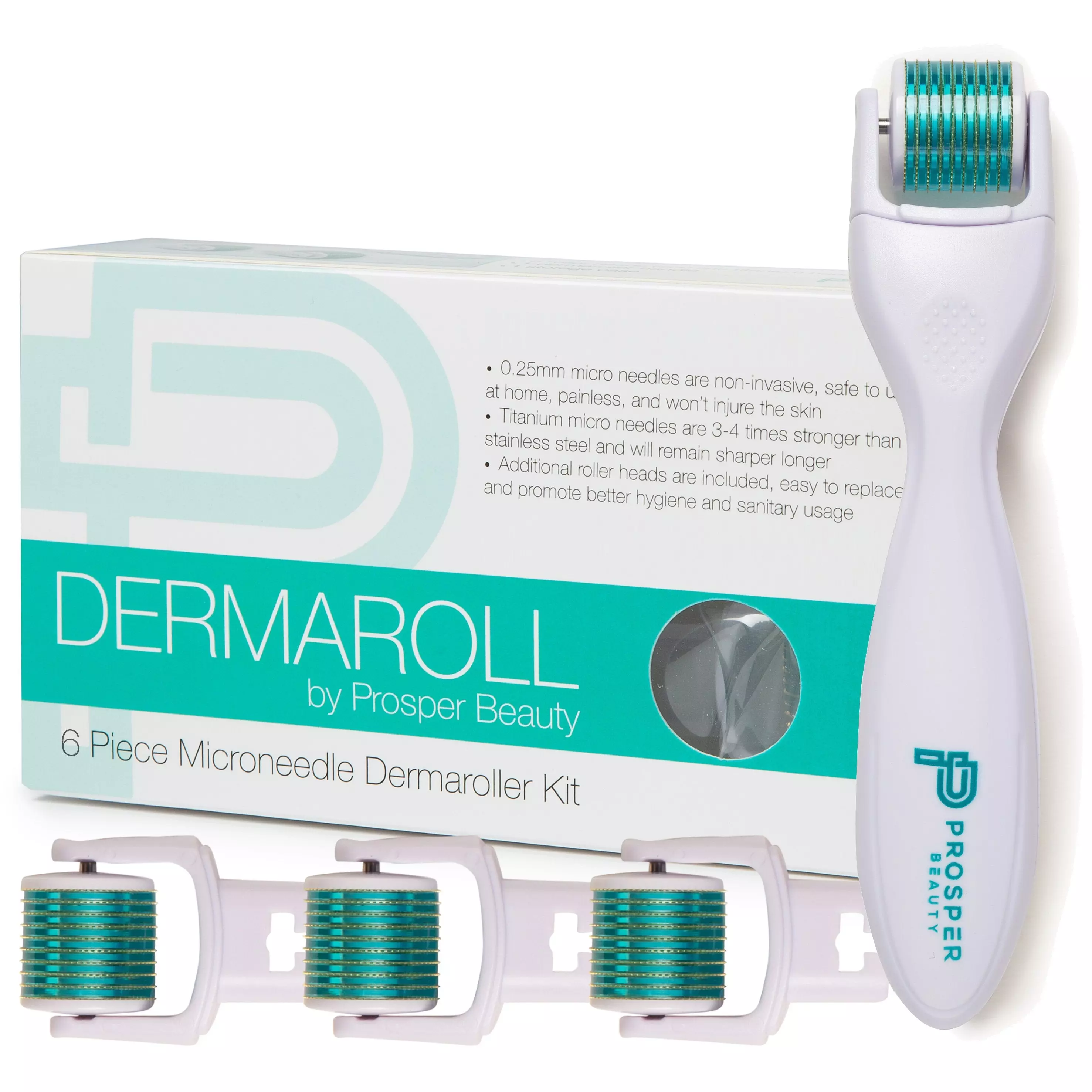 Derma Roller Microneedle 6 Piece Kit [DERMAROLL by Prosper Beauty] Face Roller with 4 Replaceable Heads Exfoliation Microdermabrasion Micro Derma Skin Care Tool Dermaplaning Dermapen Microneedling