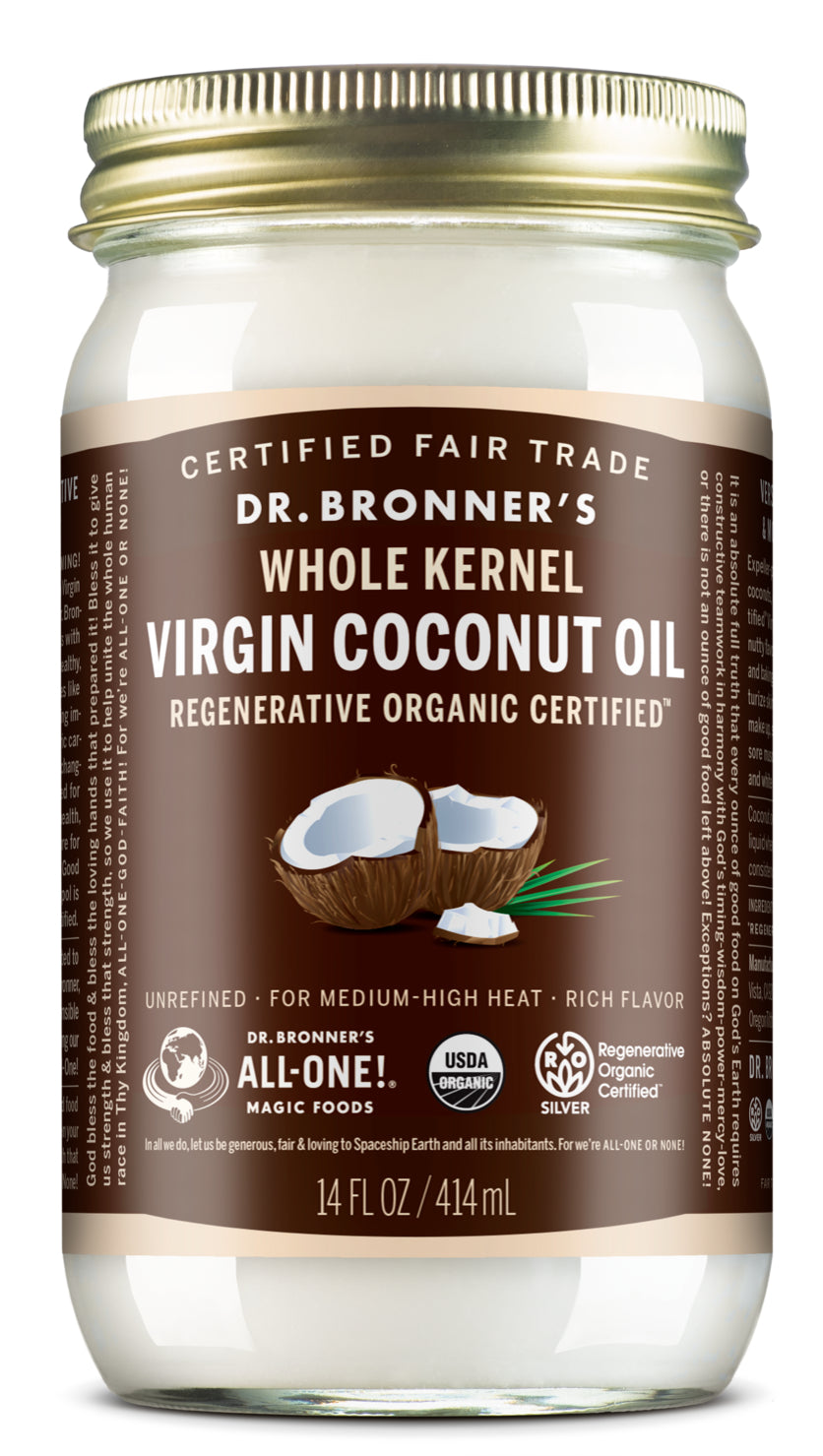 Dr. Bronner's - Organic Virgin Coconut Oil (Whole Kernel, 30 Ounce) - Coconut Oil for Cooking, Baking, Hair and Body, Unrefined and Fresh-Pressed, Rich and Nutty Flavor, Fair Trade, Vegan, Non-GMO Whole Kernel 30 Fl Oz (Pack of 1)