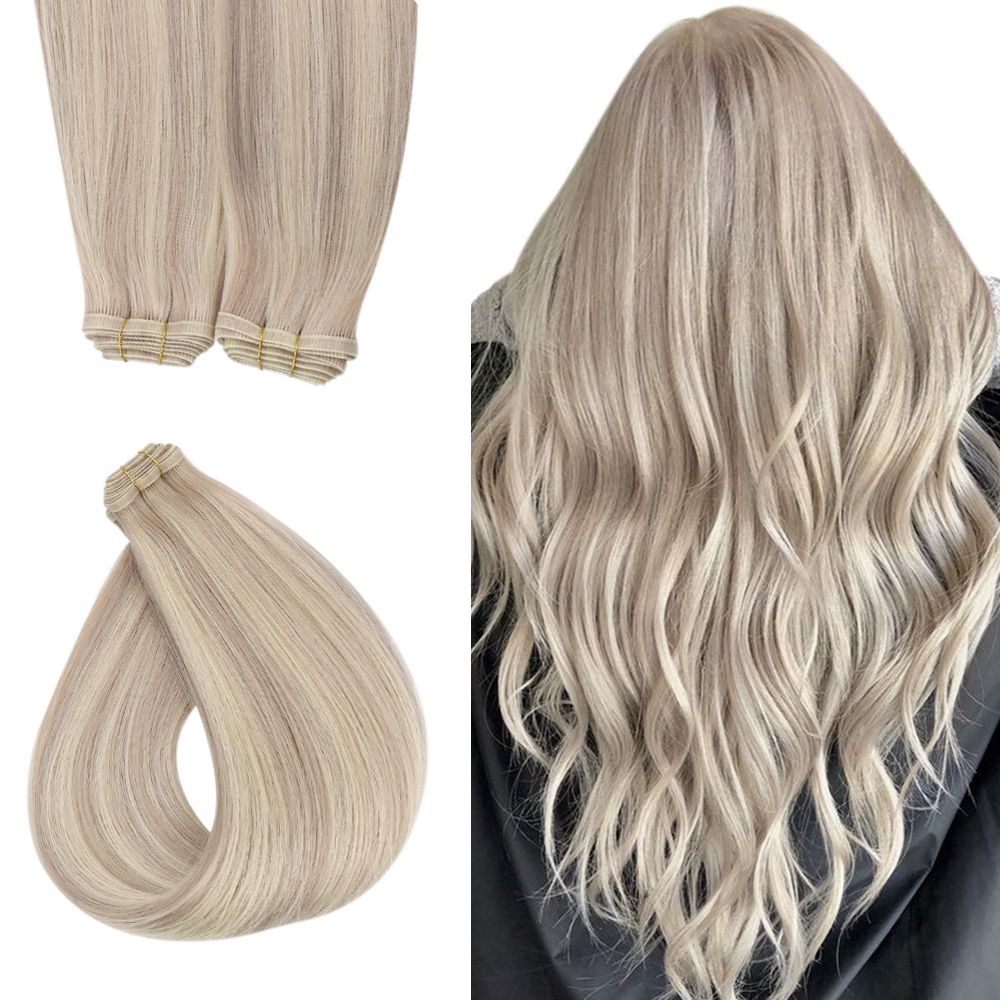 Easyouth Blonde Weft Hair Extensions Human Hair Sew in Hair Extensions Platinum Blonde Double Weft Sew in Human Hair Extensions Remy Hair Weft Extensions 18Inch 100g 18 Inch #60