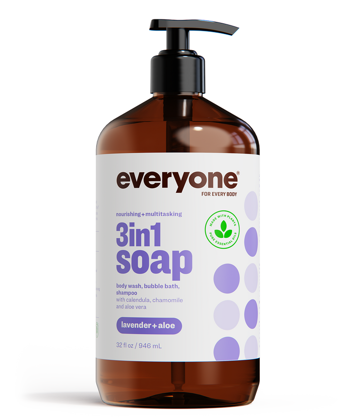 Everyone 3-in-1 Soap, Body Wash, Bubble Bath, Shampoo, 32 Ounce (Pack of 2), Lavender and Aloe, Coconut Cleanser with Organic Plant Extracts and Pure Essential Oils (Packaging May Vary) Lavender and Aloe 32 Ounce, 2 Count