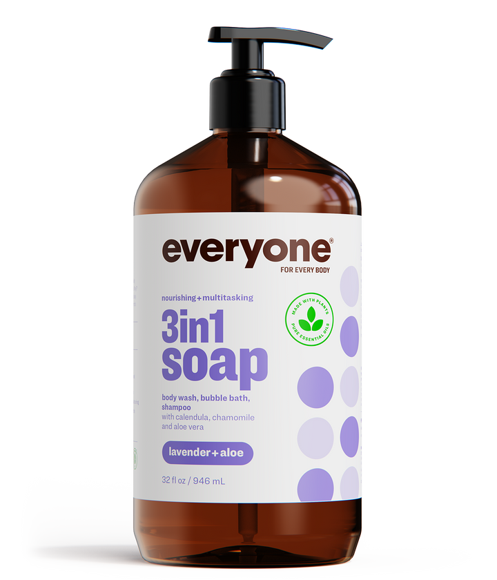 Everyone 3-in-1 Soap, Body Wash, Bubble Bath, Shampoo, 32 Ounce (Pack of 2), Lavender and Aloe, Coconut Cleanser with Organic Plant Extracts and Pure Essential Oils (Packaging May Vary) Lavender and Aloe 32 Ounce, 2 Count