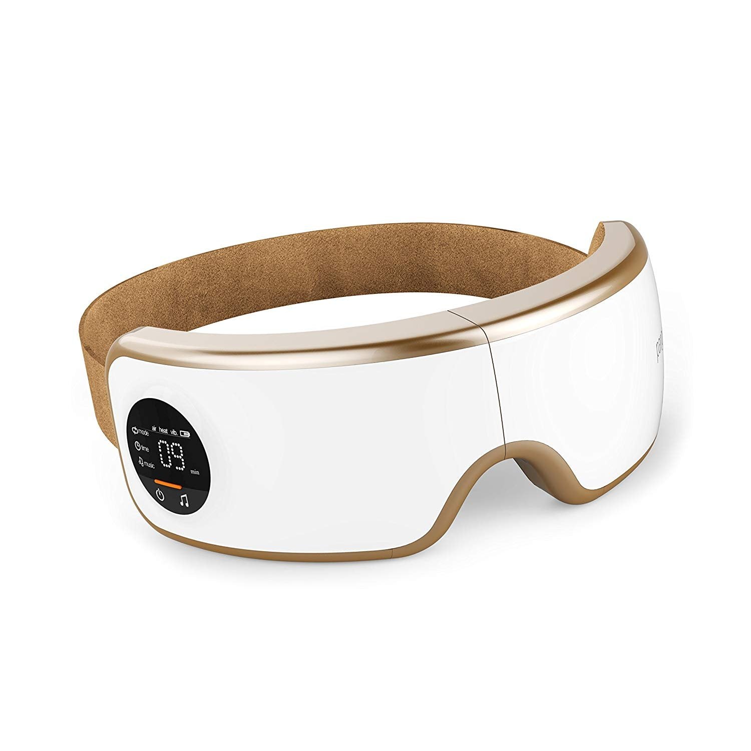 Eye Massager with Heat and Compression - Smart Eye Massager for Migraines and Stress Therapy - Wireless Heated Mask w/ Music, Built-in Battery & Adjustable Elastic Band - Vibration Massage Eye Relief White/Gold